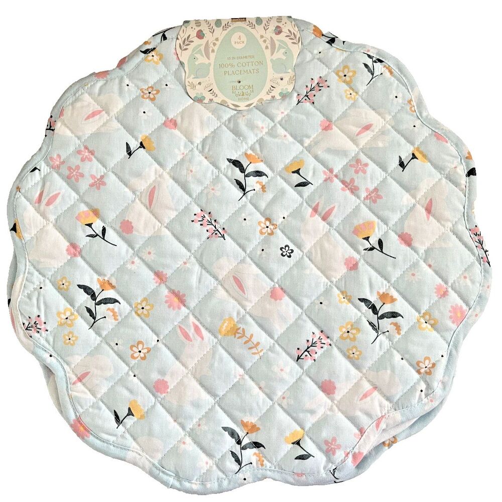 Bloom Home Easter Placemats Blue Floral Cotton Quilted Round Spring Set Of 4
